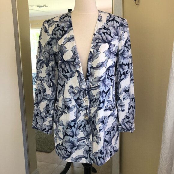 Vintage  Caroline Kendrick Blue Floral Linen Blazer Jacket Size 10 Office Summer - Picture 1 of 11